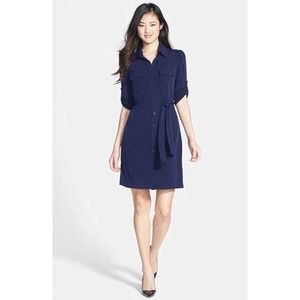 LAUNDRY BY SHELLI SEGAL • Navy Roll Tab Sleeve Jersey Shirt Dress Sz 2